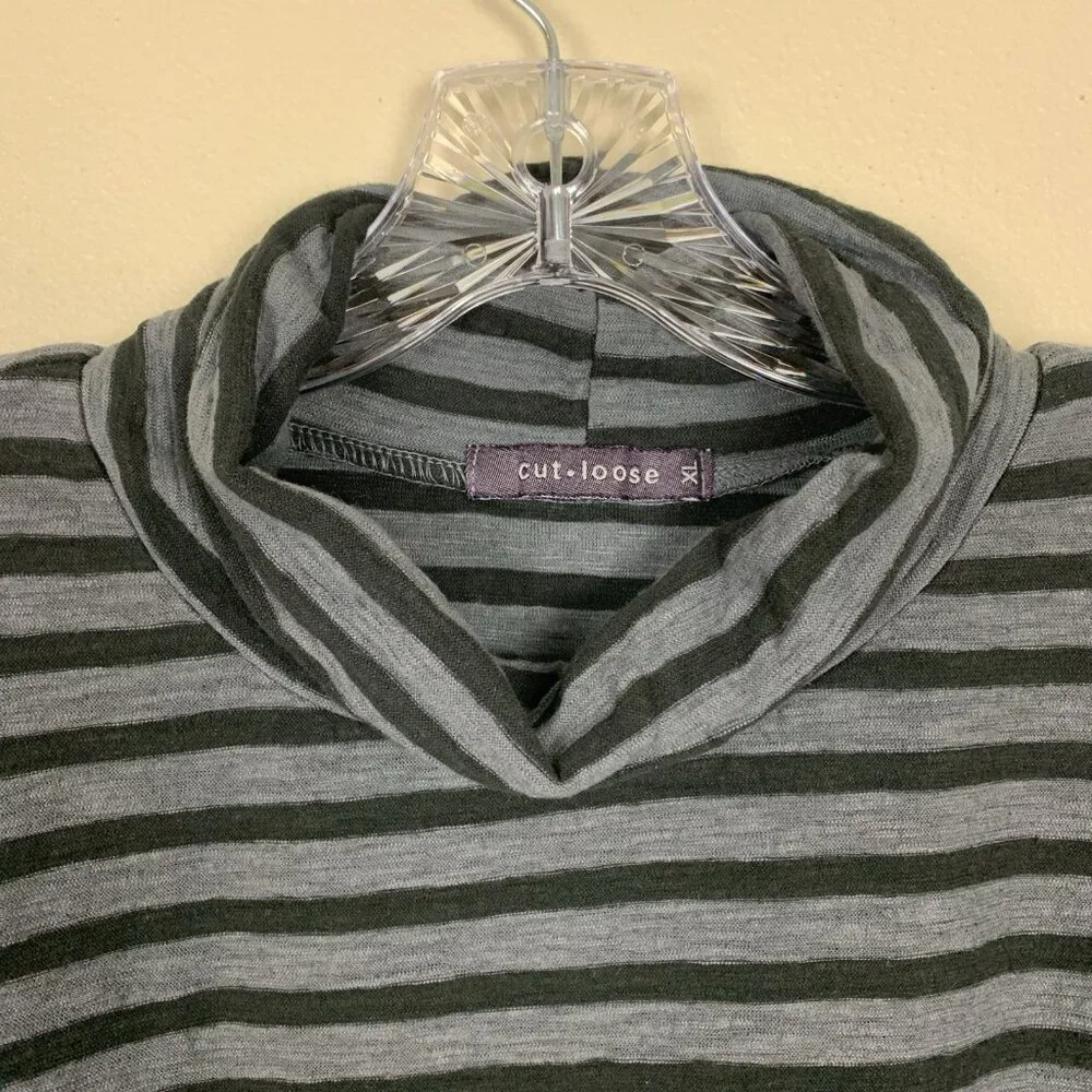 Cut Loose Womens XL Linen Blend Turtleneck Tunic Black Gray Stripe Lagenlook